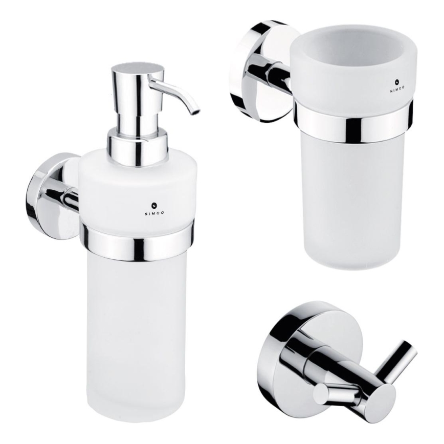 NIMCO UN kit-31W-26 - Väggmonterad tvålautomat, tandborsthållare och väggkrok UNIX 250 mm matt glas/skinande krom