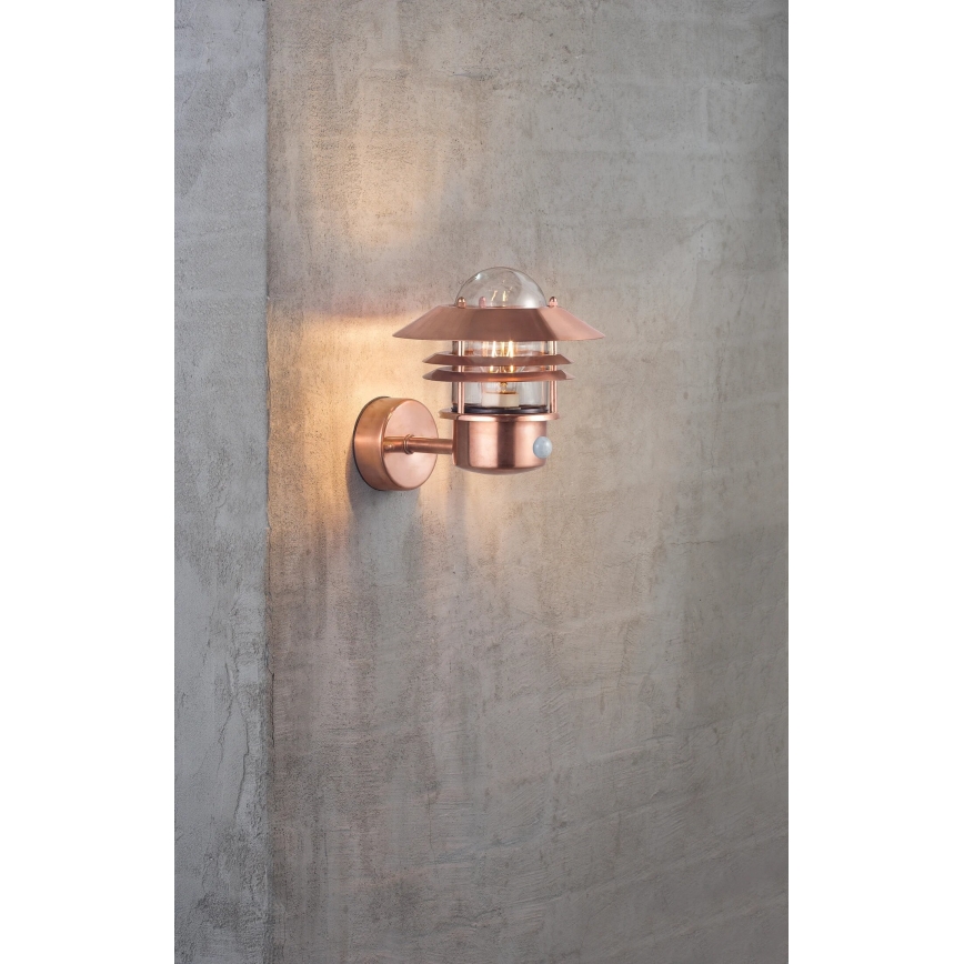 Nordlux - Utomhus vägglampa med sensor BLOKHUS 1xE27/60W/230V IP54 koppar