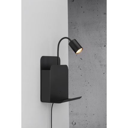 Nordlux - Väggspotlight med hylla och USB ROOMI 1xGU10/8W/230V svart