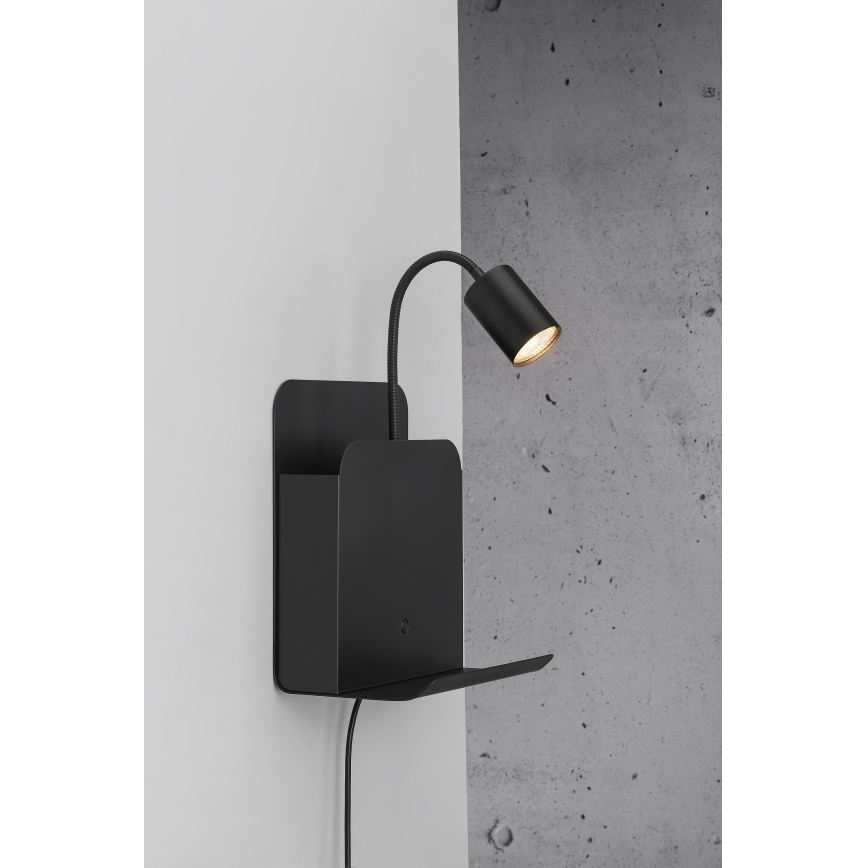 Nordlux - Väggspotlight med hylla och USB ROOMI 1xGU10/8W/230V svart