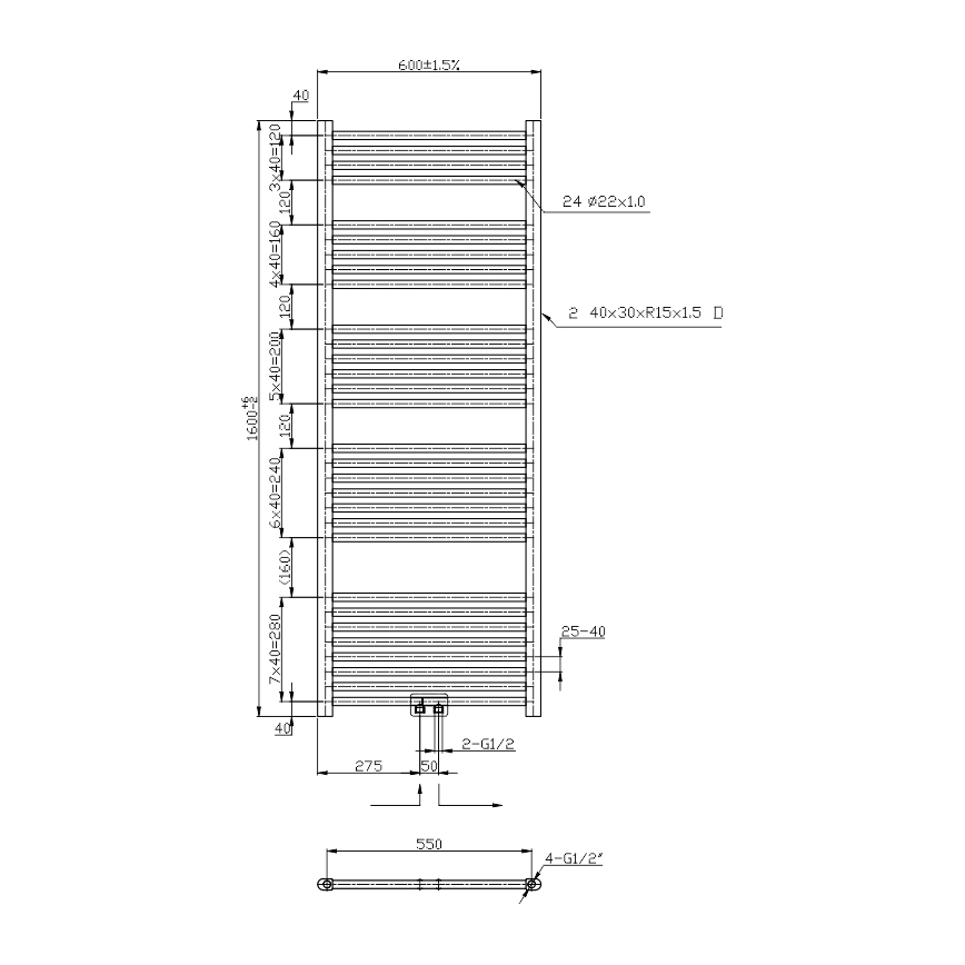 Novaservis - Handdukstork för badrum 544 W/230 V, 160 x 60 cm, polerad krom, rak