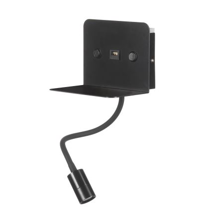 ONLI - LED Flexibel små lampor med en hylla och USB laddar PLAK LED/1W/230V svart