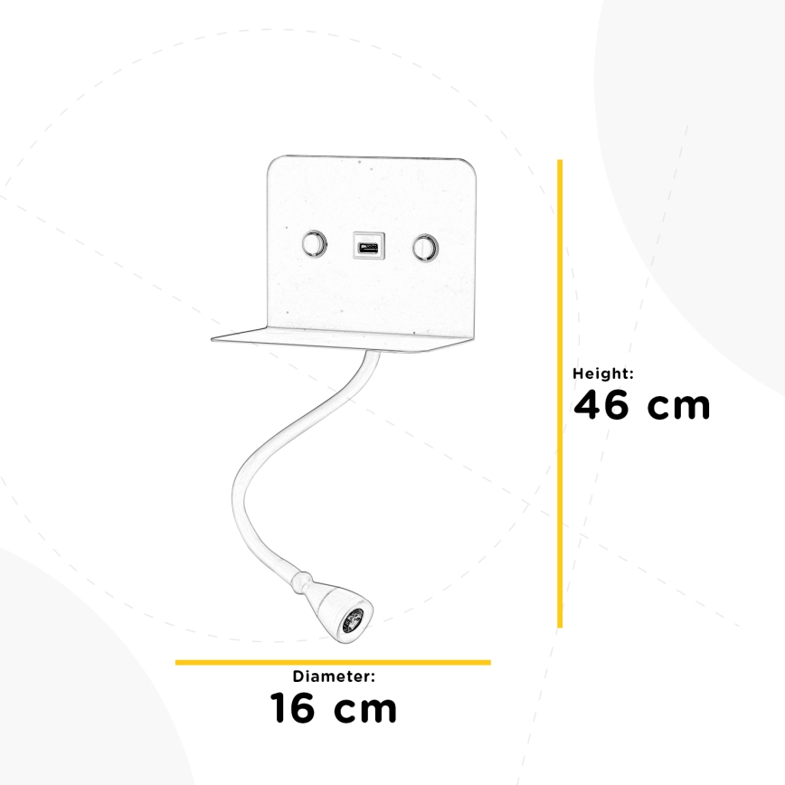 ONLI - LED Flexibel små lampor med en hylla och USB laddar PLAK LED/1W/230V svart