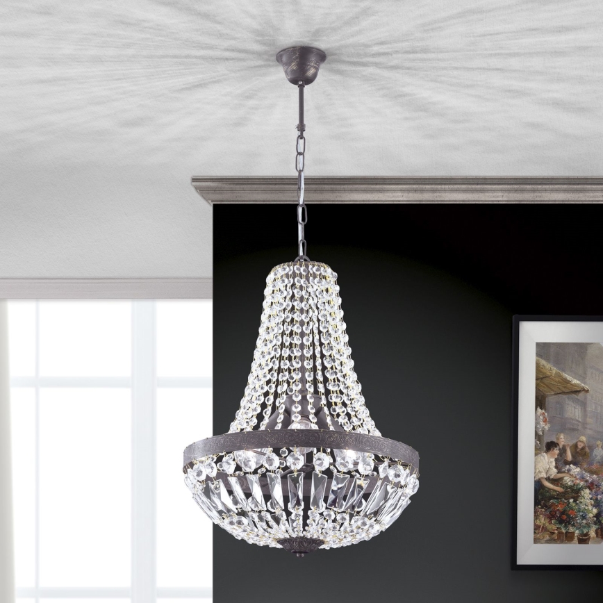 Ljuskrona i kristal med kedja ARILA 3xE27/60W/230V diameter 40 cm brun/patina