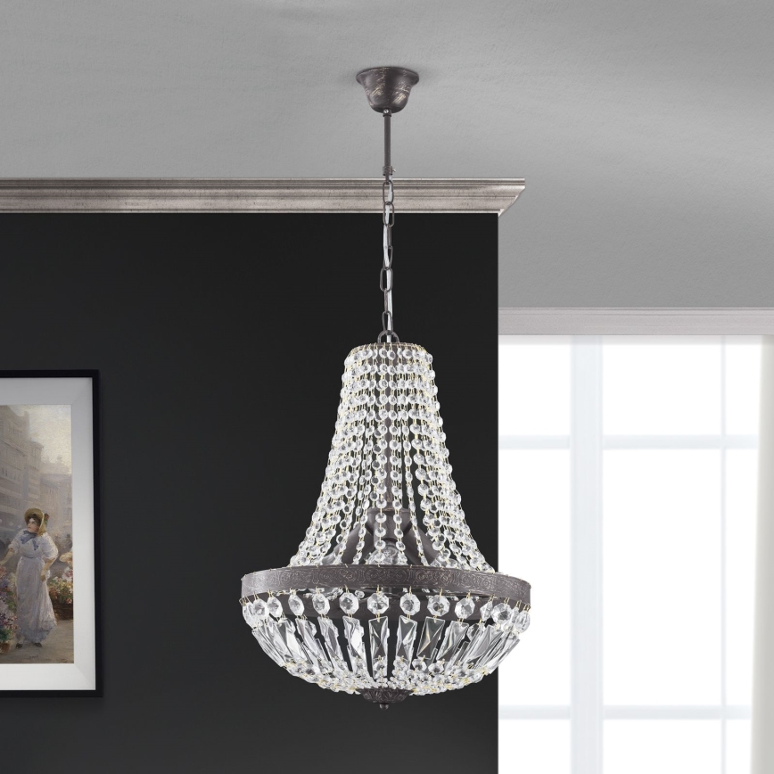Ljuskrona i kristal med kedja ARILA 3xE27/60W/230V diameter 40 cm brun/patina
