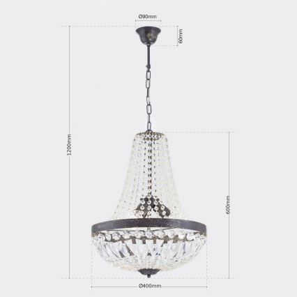 Ljuskrona i kristal med kedja ARILA 3xE27/60W/230V diameter 40 cm brun/patina