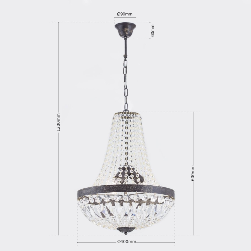 Ljuskrona i kristal med kedja ARILA 3xE27/60W/230V diameter 40 cm brun/patina