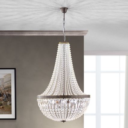 Ljuskrona i kristal med kedja ARILA 6xE27/60W/230V diameter 60 cm brun/patina