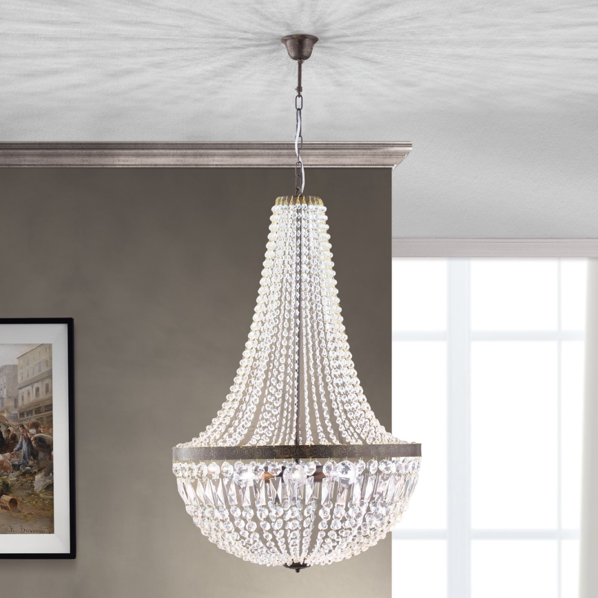 Ljuskrona i kristal med kedja ARILA 6xE27/60W/230V diameter 60 cm brun/patina