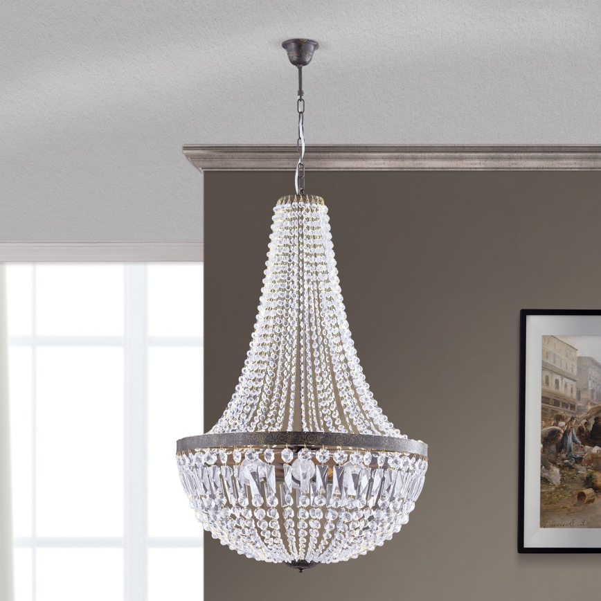 Ljuskrona i kristal med kedja ARILA 6xE27/60W/230V diameter 60 cm brun/patina