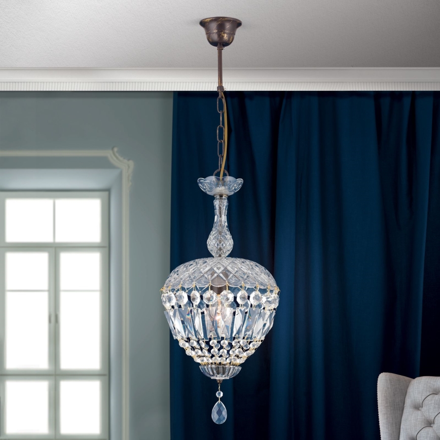Ljuskrona i kristal med kedja ARILA 1xE27/60W/230V diameter 25 cm brun/patina