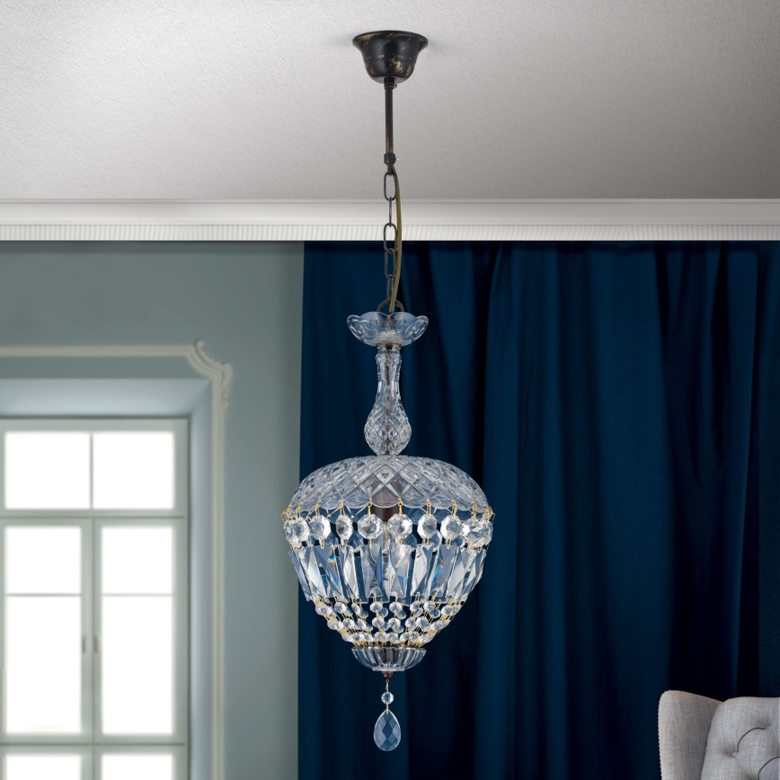 Ljuskrona i kristal med kedja ARILA 1xE27/60W/230V diameter 25 cm brun/patina