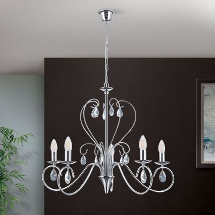 Ljuskrona i kristal med kedja ALESSIA 5xE14/40W/230V skinande krom