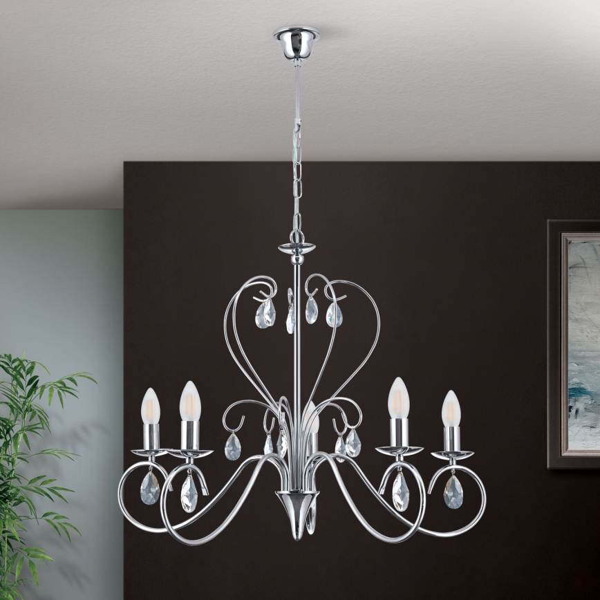 Ljuskrona i kristal med kedja ALESSIA 5xE14/40W/230V skinande krom