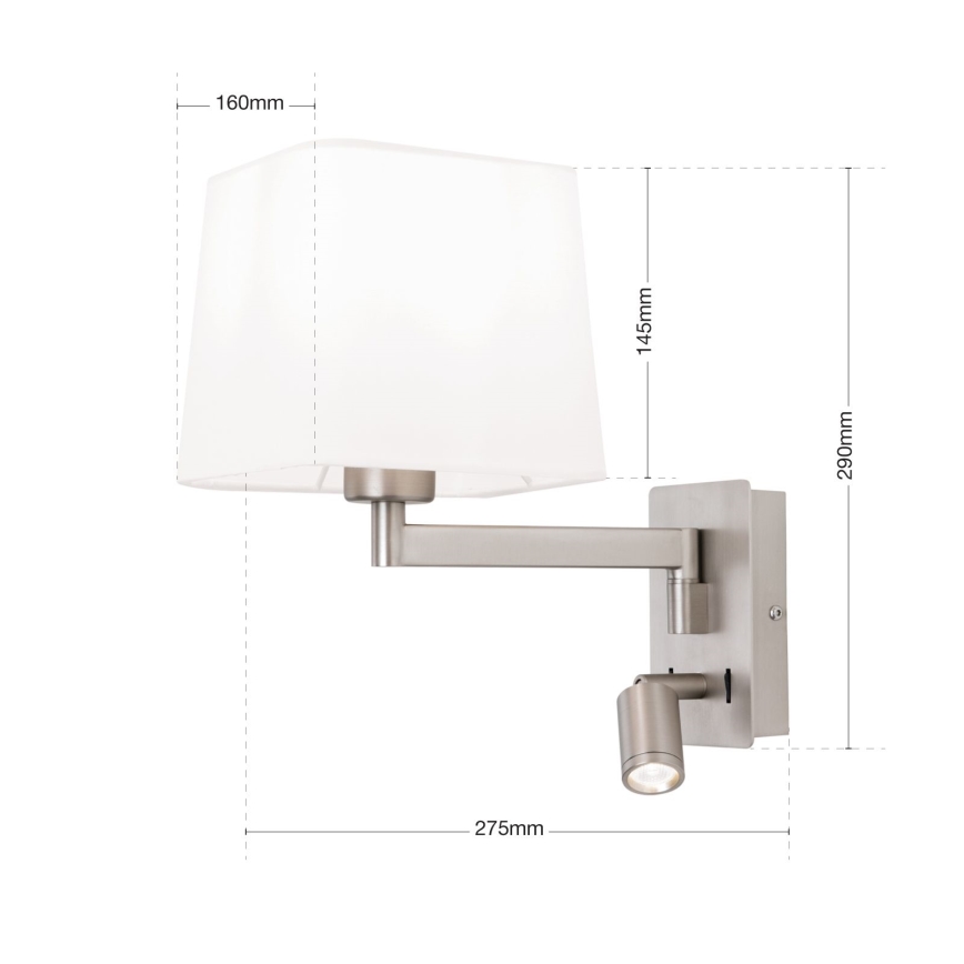 LED vägglampa CARLTON 1xE27/40W/230V + LED/3W vit/matt krom