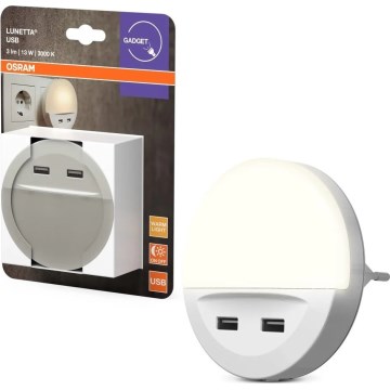 Osram - LED-nattlampa för vägguttag med sensor LUNETTA 2xUSB LED/13W/230V