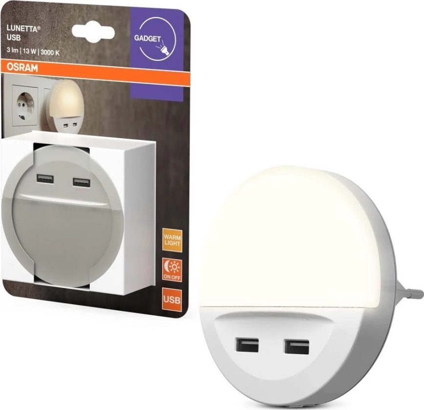 Osram - LED-nattlampa för vägguttag med sensor LUNETTA 2xUSB LED/13W/230V
