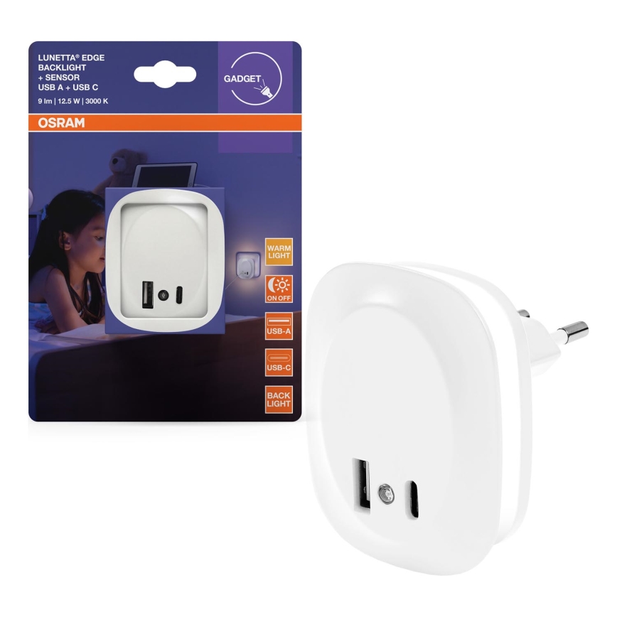Osram - LED-nattlampa för vägguttag med sensor och USB-port LUNETTA LED/12,5W/230V vit