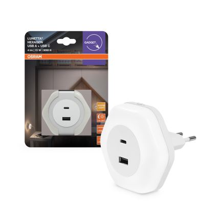 Osram - LED-nattlampa för vägguttag med USB LUNETTA LED/15W/230V vit