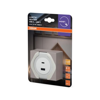 Osram - LED-nattlampa för vägguttag med USB LUNETTA LED/15W/230V vit