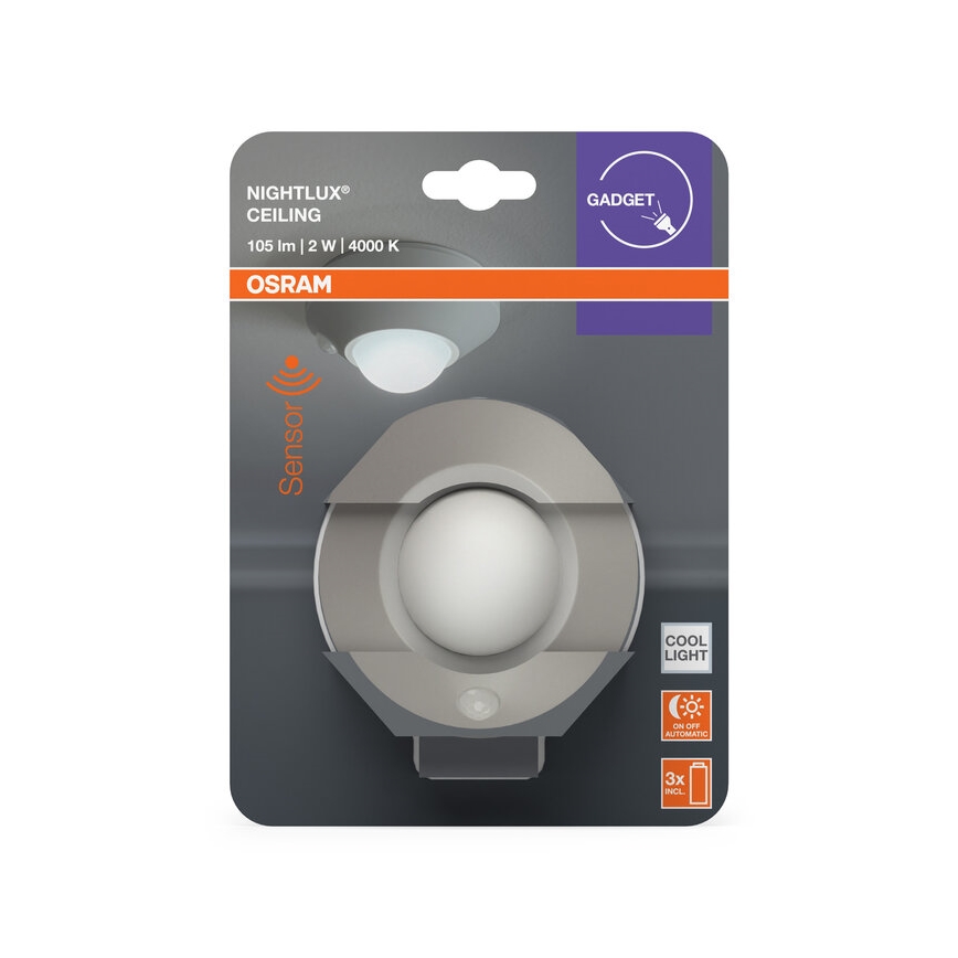 Osram - LED-nattlampa med sensor NIGHTLUX LED/2W/3xAA silverfärgad