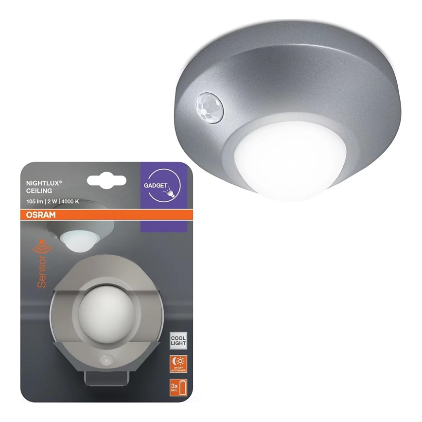 Osram - LED-nattlampa med sensor NIGHTLUX LED/2W/3xAA silverfärgad