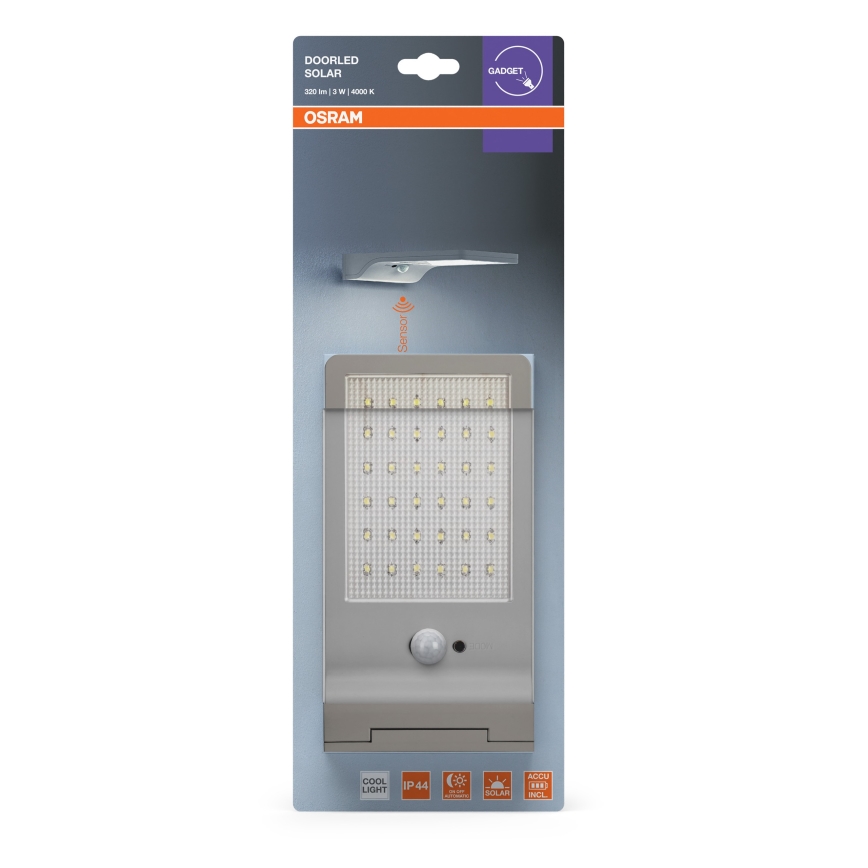 Osram - LED-solcellsvägglampa med sensor DOORLED LED/3W/3,3V 2000 mAh IP44 silver