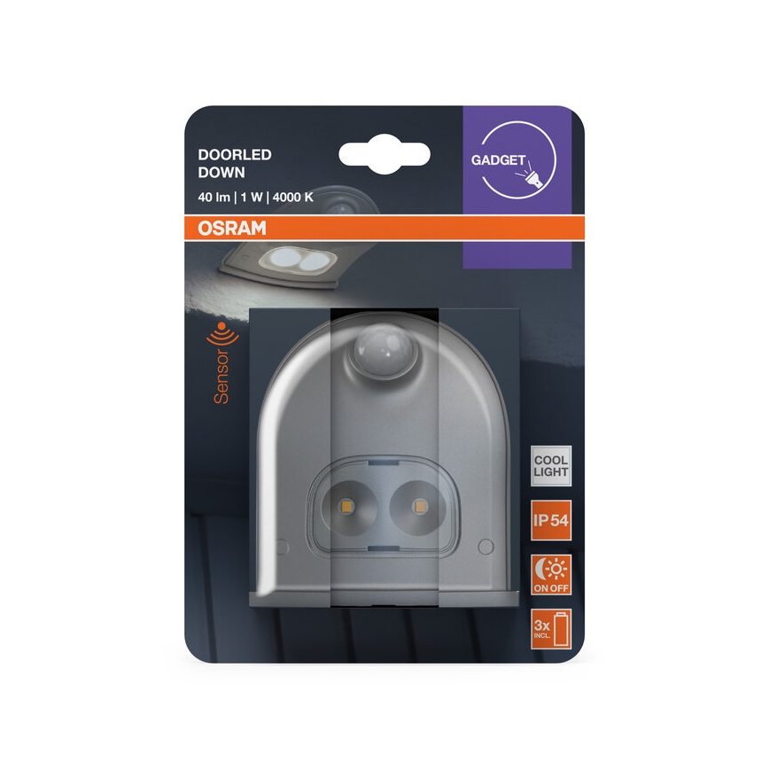 Osram - Utomhusvägglampa med sensor DOORLED LED/0,5 W/3xAA IP54 silver
