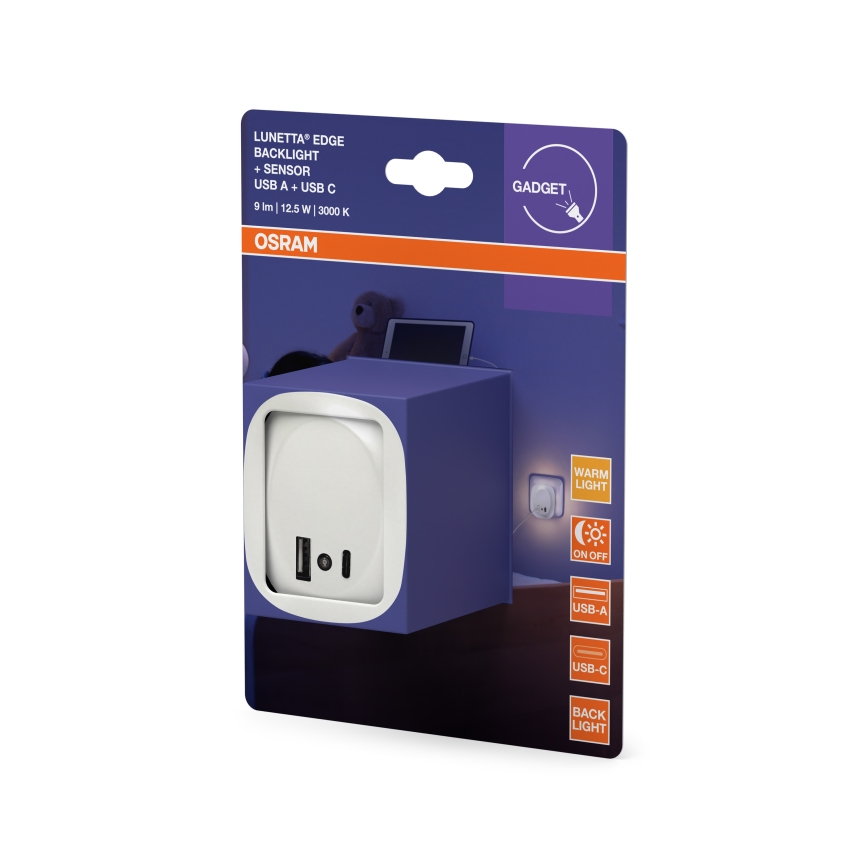 Osram - LED-nattlampa för vägguttag med sensor och USB-port LUNETTA LED/12,5W/230V vit