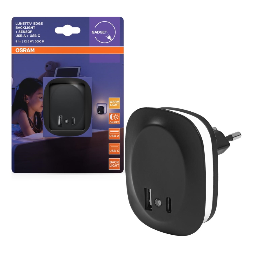 Osram - LUNETTA LED nattlampa för vägguttag med sensor och USB, 12,5W/230V, svart