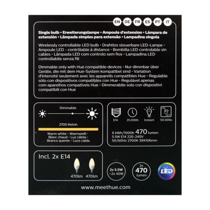 PAKET 2x Dimbar LED-lampa Philips Hue Vit E14/5,5W/230V 2700K