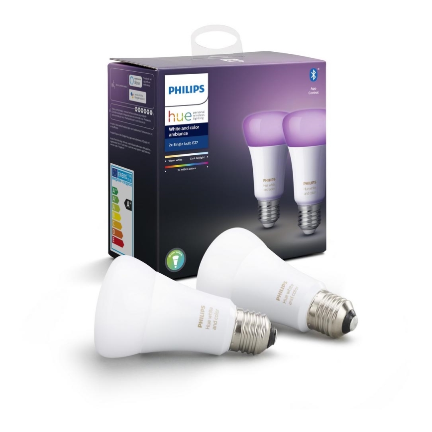 PAKET 2x Dimbar LED-lampa Philips Hue Vit och Färgad Ambiance E27/9W/230V