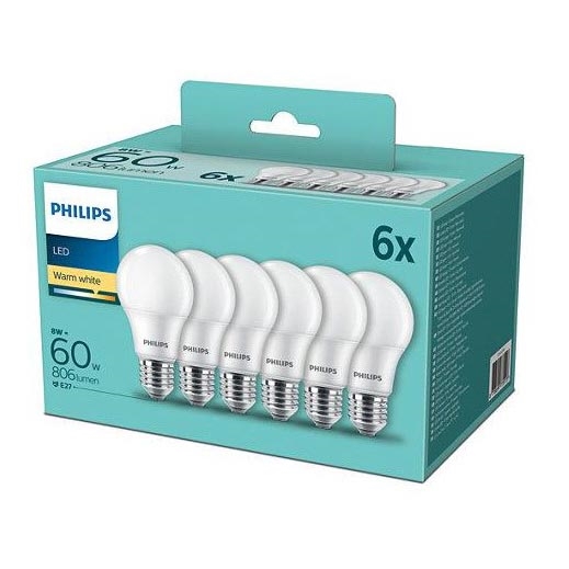 PAKET 6x LED-lampor Philips A60 E27/8W/230V 2,700K