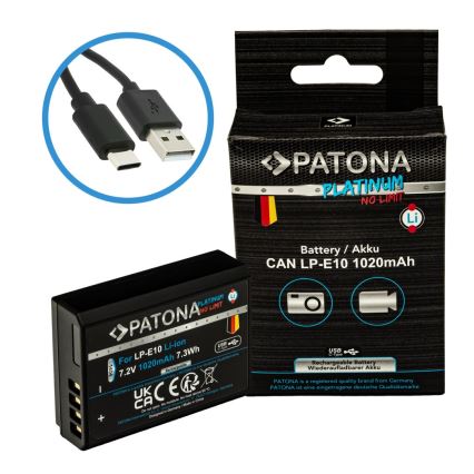 PATONA - Ackumulator Canon LP-E10 1020mAh Li-Ion Platinum USB-C laddar