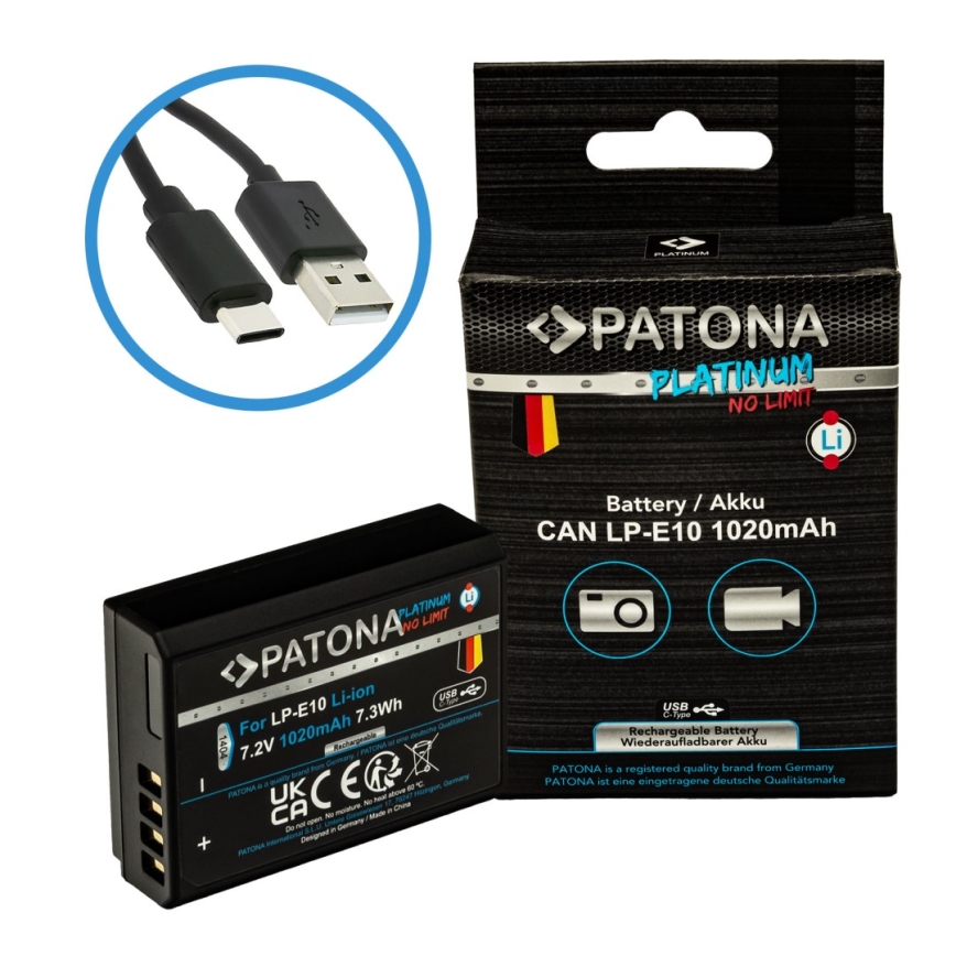 PATONA - Ackumulator Canon LP-E10 1020mAh Li-Ion Platinum USB-C laddar