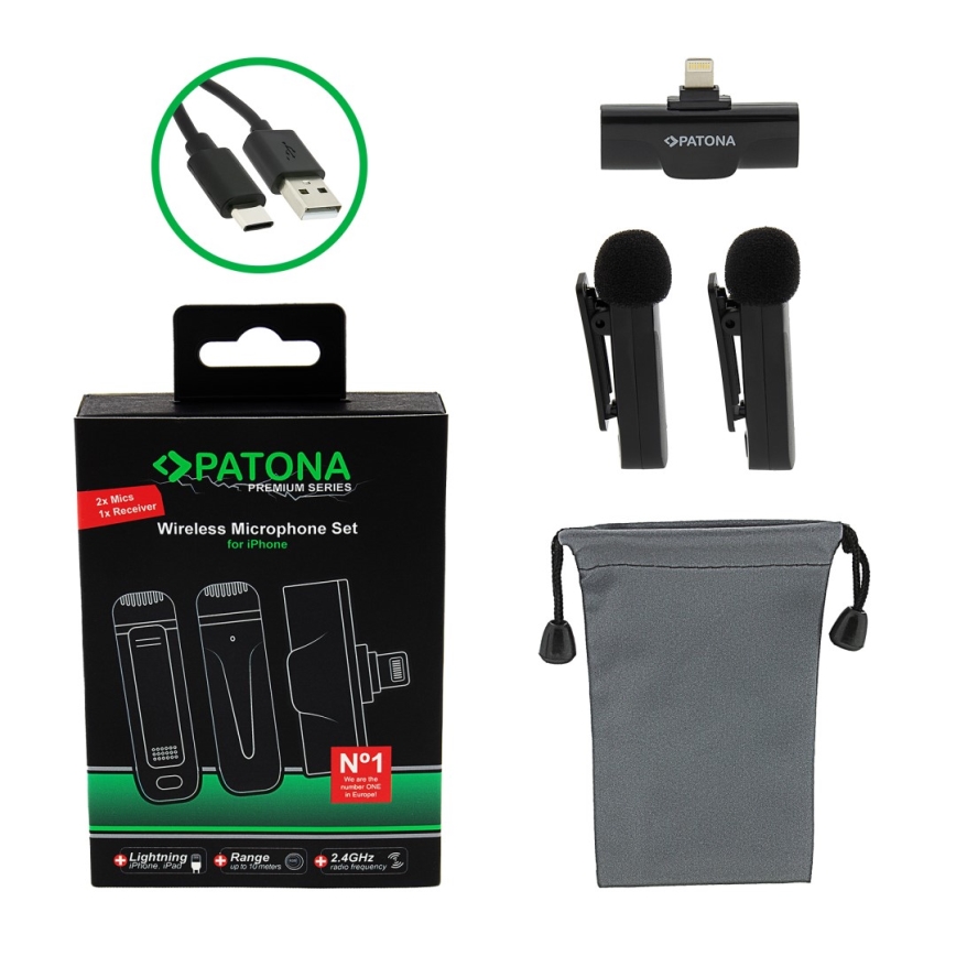 PATONA - KIT 2x Trådlös mikrofon med klämma för iPhones USB-C 5V