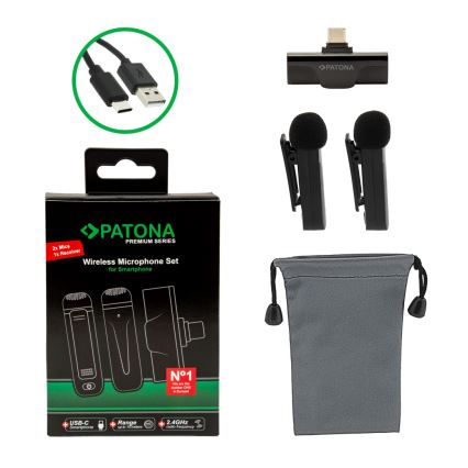 PATONA - KIT 2x Trådlös mikrofon med klämma för smart mobiler USB-C 5V