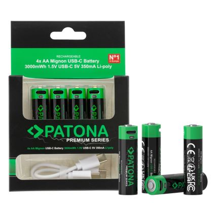 PATONA - KIT 4x Ackumulator AA/LR6 Li-Pol 2000mAh 1,5Vs med USB-C laddar