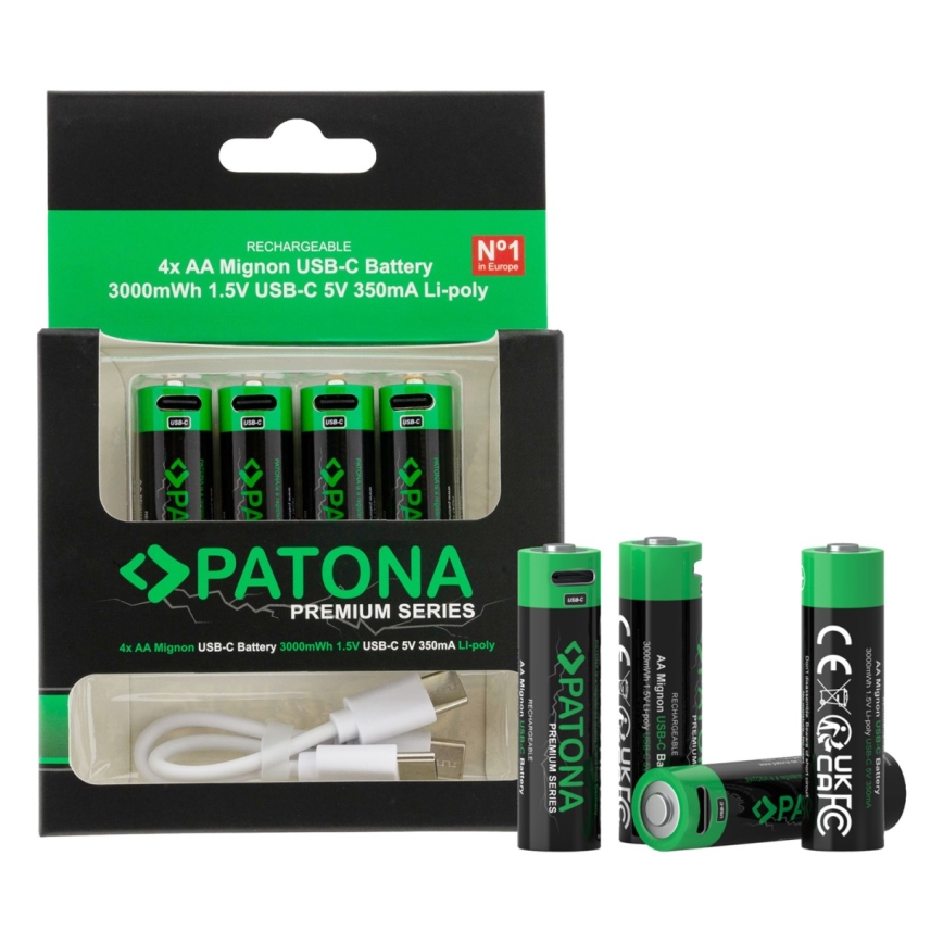PATONA - KIT 4x Ackumulator AA/LR6 Li-Pol 2000mAh 1,5Vs med USB-C laddar