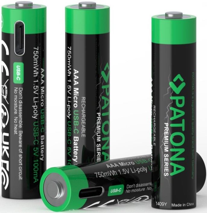 PATONA - KIT 4x Ackumulator AAA/LR03 Li-Pol 500mAh 1,5V med USB-C laddar