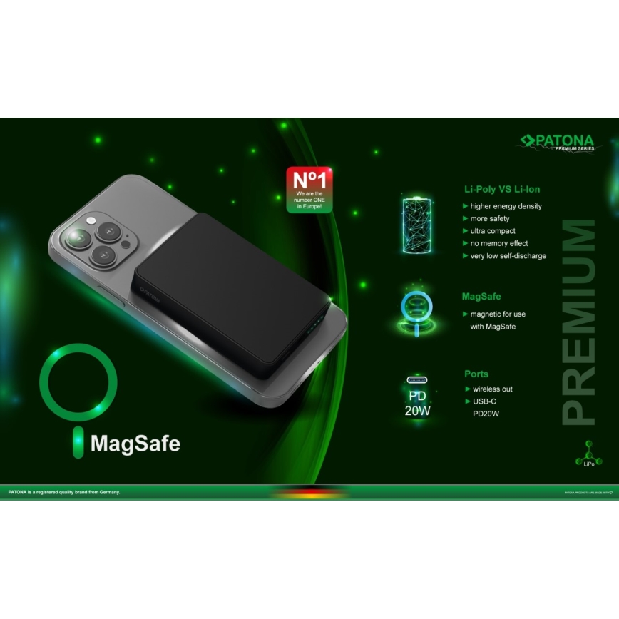 PATONA - Power bank 10000mAh Li-Pol-PD20W MagSafe USB-C och Qi laddar
