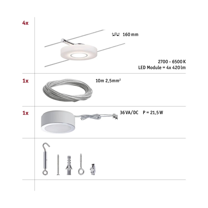 Paulmann 50109 - SET 4xLED/4,4W Dimbara spotlights för SMART DISC vajersystem 230V