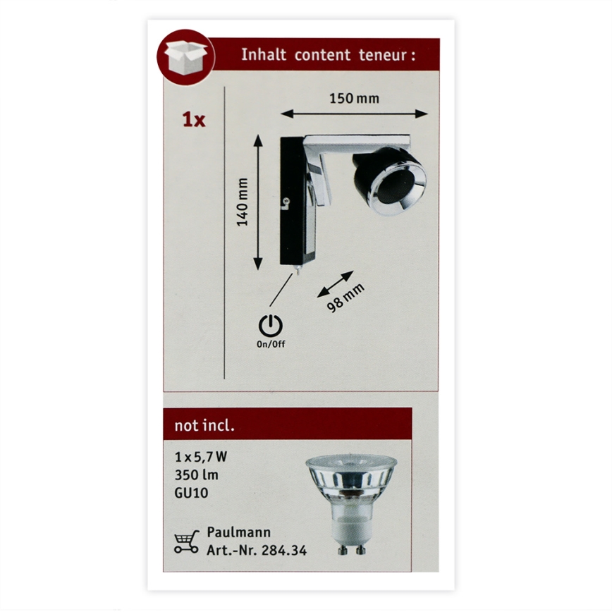 Paulmann 66670 - 1xGU10/10W Vägg spotlight  TURN 230V svart 