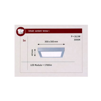 Paulmann 70650 - LED/17W Taklampa LUNAR 230V 30x30 cm matt krom