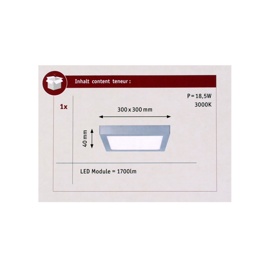 Paulmann 70650 - LED/17W Taklampa LUNAR 230V 30x30 cm matt krom