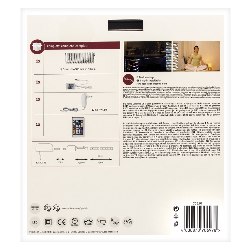 Paulmann 70697 - LED RGBW/10,5W Ljusreglerad list DIGITAL 4,8m 230V + fjärrkontroll