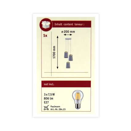 Paulmann 79627 - Ljuskrona med snöre NORELL 3xE27/20W/230V betong