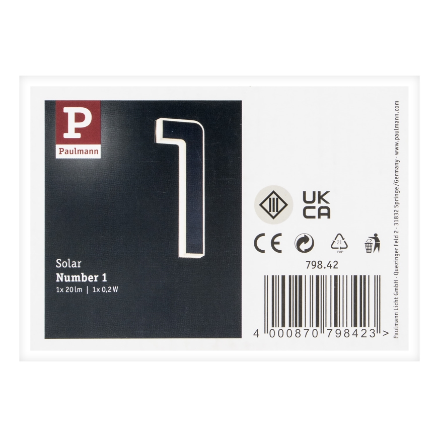 Paulmann 79842 - LED/0,2W IP44 Solcell husnummer 1,2V