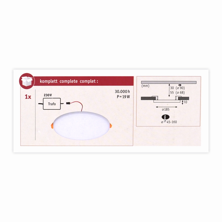 Paulmann 92389 - LED/17W IP44 infälld Badrumbelysning VARIFIT 230V