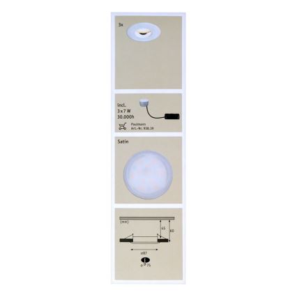 Paulmann 92847- SET 3xLED/7W IP65 Dimbar infälld belysning COIN 230V